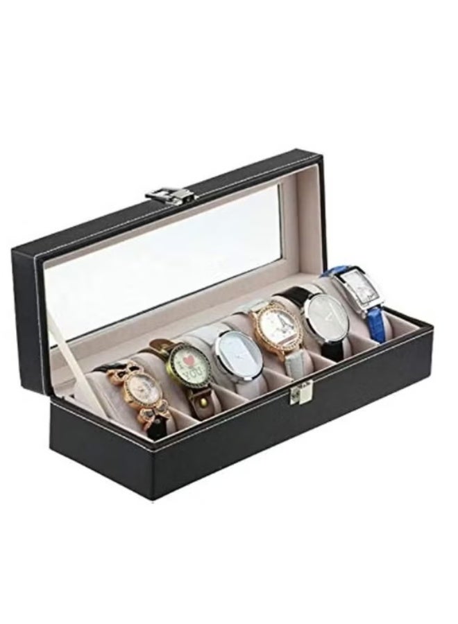 صندوق تخزين ساعات اليد بستة فتحات، بسعة كبيرة، مصنوع من الجلد المقاوم للغبار والخدوش، وهو قابل للحمل (أسود). - Image 2